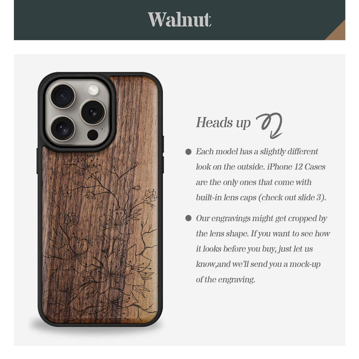 Sakura Sketch, Classic Engraved Wood & TPU Case - Artisanal Cover for Apple iPhone