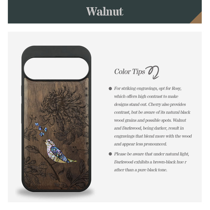 The Chrysanthemum and the Songbird, Hand-Inlaid Wood & Mother of Pearl Case - Artisanal Cover for Google Pixel