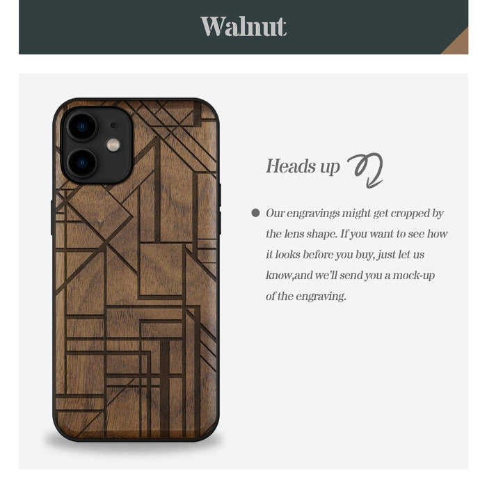 Geometric Simplicity Revisited, Classic Engraved Wood & TPU Case - Artisanal Cover for Apple iPhone