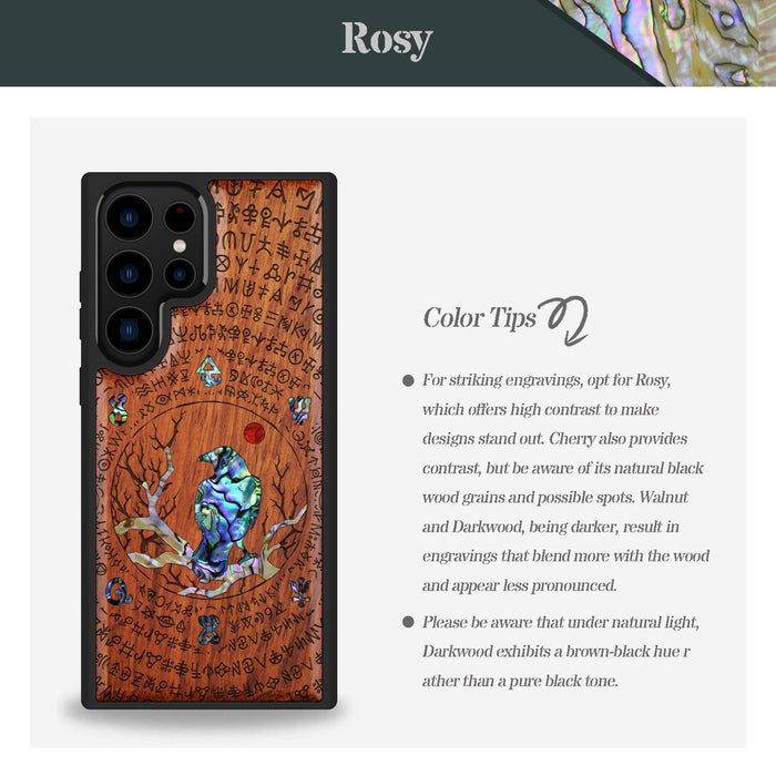 Raven's Arcanum, Hand-Inlaid Wood & Mother of Pearl Case - Artisanal Cover for Samsung Galaxy