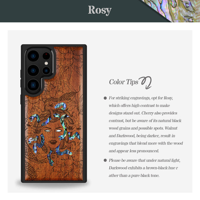 The Medusa Enigma, Hand-Inlaid Wood & Mother of Pearl Case - Artisanal Cover for Samsung Galaxy