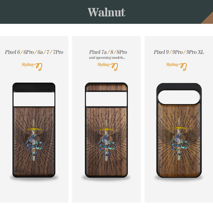 Serpent Winged Sword, Hand-Inlaid Wood & Mother of Pearl Case - Artisanal Cover for Google Pixel