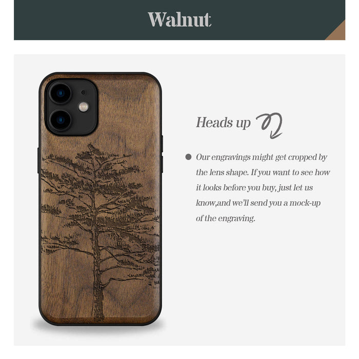 Vintage Pine Tree Sketch, Classic Engraved Wood & TPU Case - Artisanal Cover for Apple iPhone