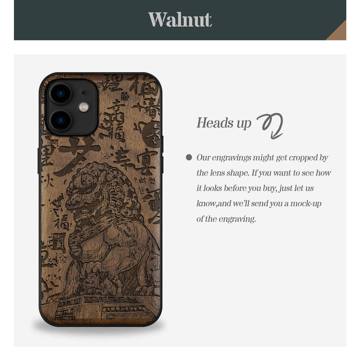 The Chinese Guardian Lions, Classic Engraved Wood & TPU Case - Artisanal Cover for Apple iPhone