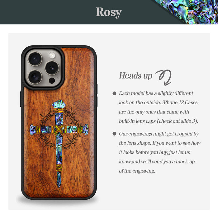 Crucifix Nails, Hand-Inlaid Wood & Mother of Pearl Case - Artisanal Cover for Apple iPhone