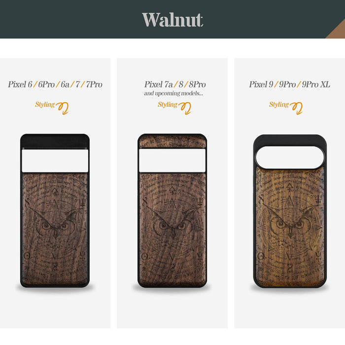 Owl's Gaze in the Octagonal Star, Classic Engraved Wood & TPU Case - Artisanal Cover for Google Pixel