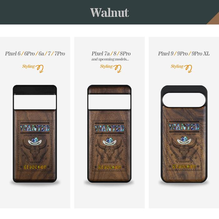 Western Wanted Poster, Hand-Inlaid Wood & Mother of Pearl Case - Artisanal Cover for Google Pixel
