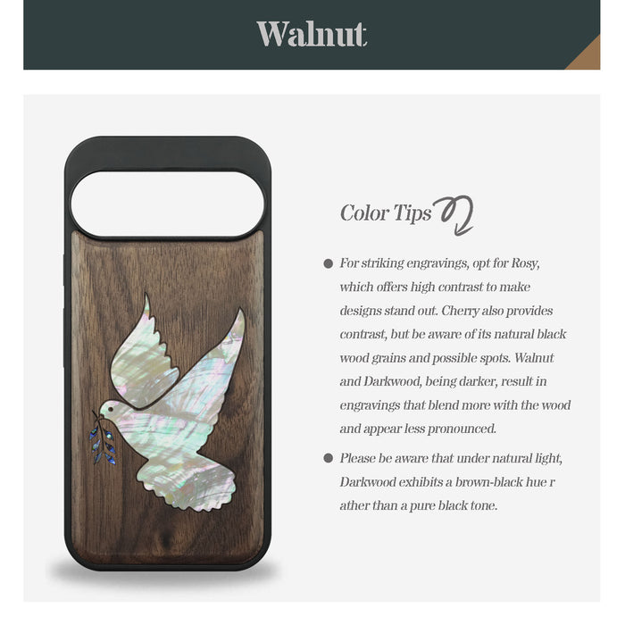 The Dove with Olive Branch, Hand-Inlaid Wood & Mother of Pearl Case - Artisanal Cover for Google Pixel