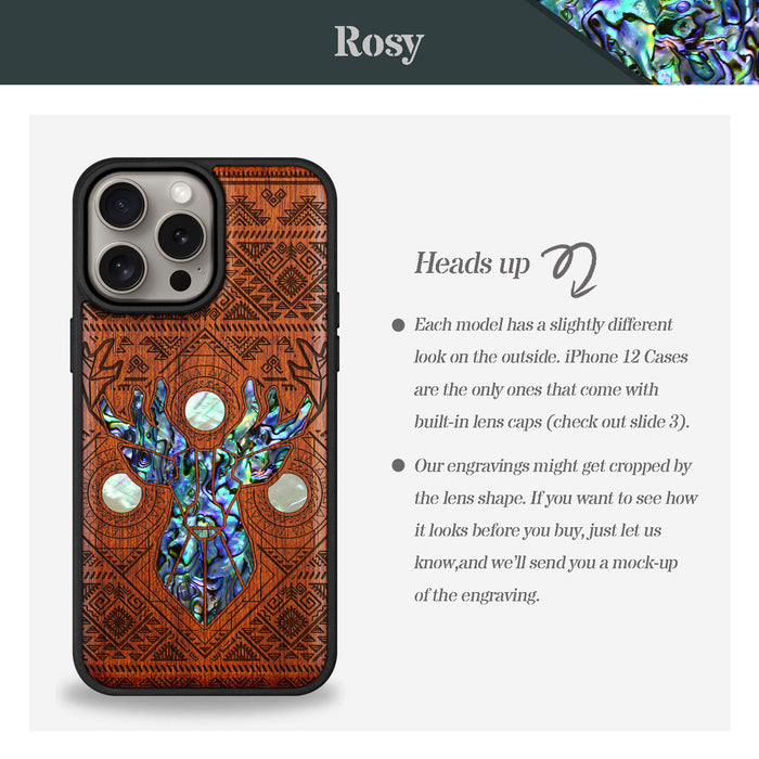 Aztec Geometric Deer, Hand-Inlaid Wood & Mother of Pearl Case - Artisanal Cover for Apple iPhone