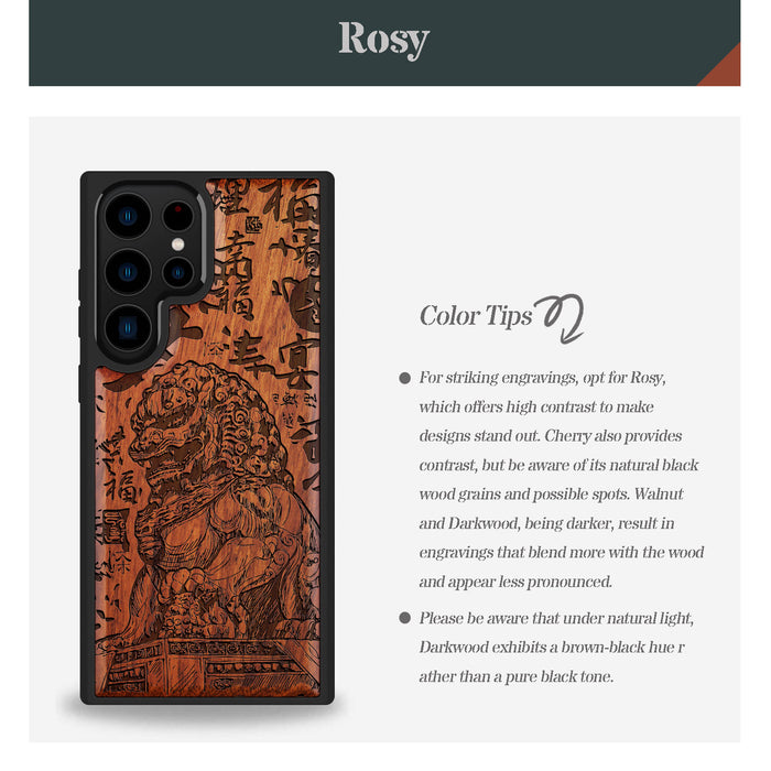 The Chinese Guardian Lions, Classic Engraved Wood & TPU Case - Artisanal Cover for Samsung Galaxy