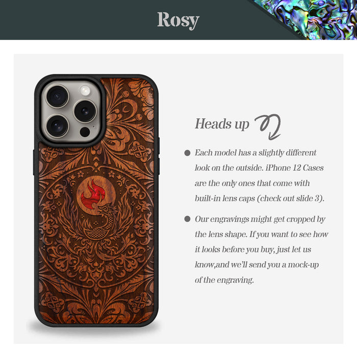 Phoenix in Symmetry, Hand-Inlaid Wood & Mother of Pearl Case - Artisanal Cover for Apple iPhone