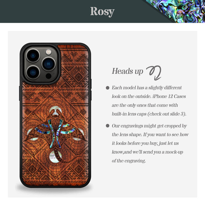 The Tribal Manta Ray, Hand-Inlaid Wood & Mother of Pearl Case - Artisanal Cover for Apple iPhone