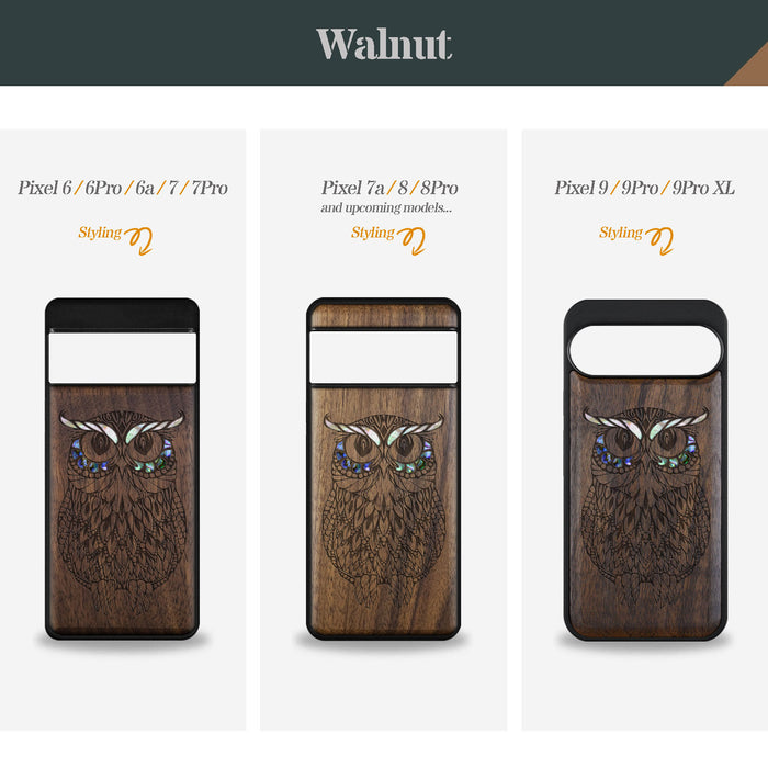 The Owl Mandala, Hand-Inlaid Wood & Mother of Pearl Case - Artisanal Cover for Google Pixel