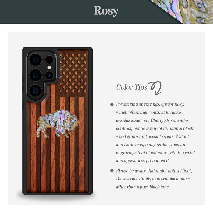 American Flag, Bison, Hand-Inlaid Wood & Mother of Pearl Case - Artisanal Cover for Samsung Galaxy