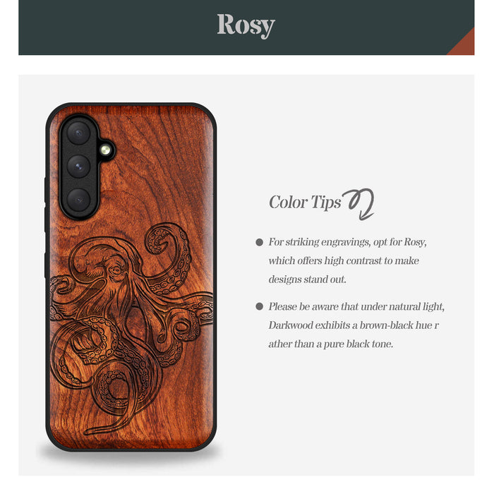 Bodybuilding Octopus Illustration, Classic Engraved Wood & TPU Case - Artisanal Cover for Samsung Galaxy