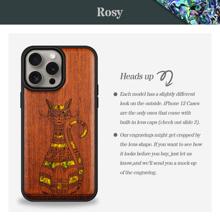 Tribal Cat Art, Hand-Inlaid Wood & Mother of Pearl Case - Artisanal Cover for Apple iPhone