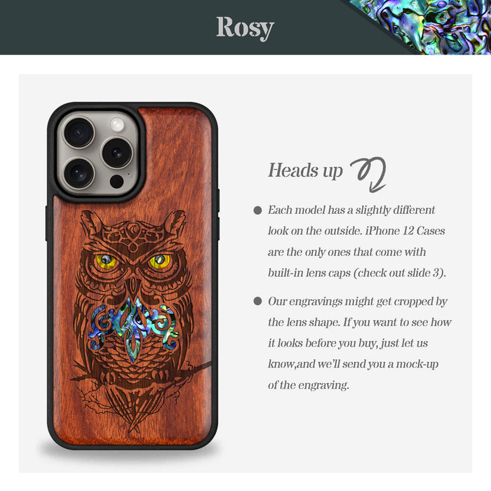 An Owl Perched on a Branch, Hand-Inlaid Wood & Mother of Pearl Case - Artisanal Cover for Apple iPhone