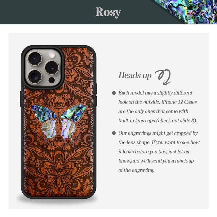 Baroque Butterfly, Hand-Inlaid Wood & Mother of Pearl Case - Artisanal Cover for Apple iPhone