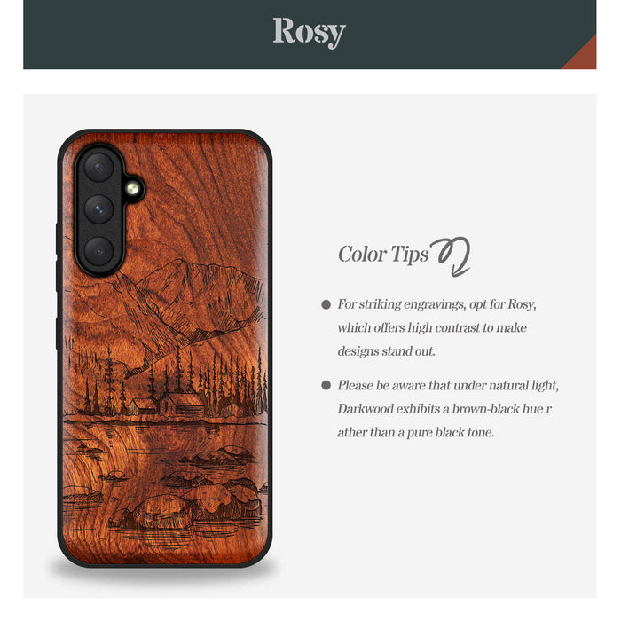 Mountains, Lake, and Village Life, Classic Engraved Wood & TPU Case - Artisanal Cover for Samsung Galaxy