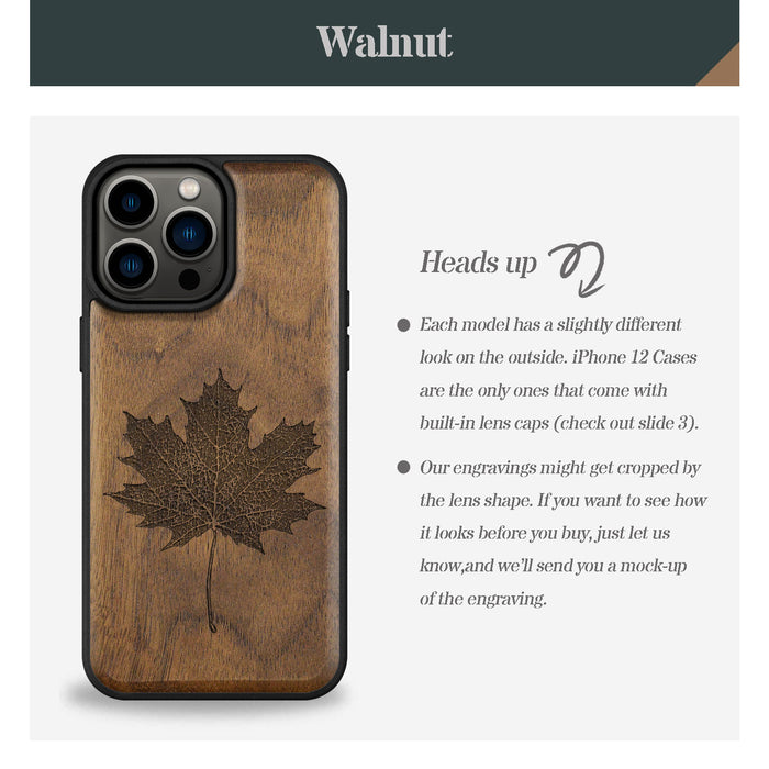 Intricate Maple Leaf Sketch, Classic Engraved Wood & TPU Case - Artisanal Cover for Apple iPhone