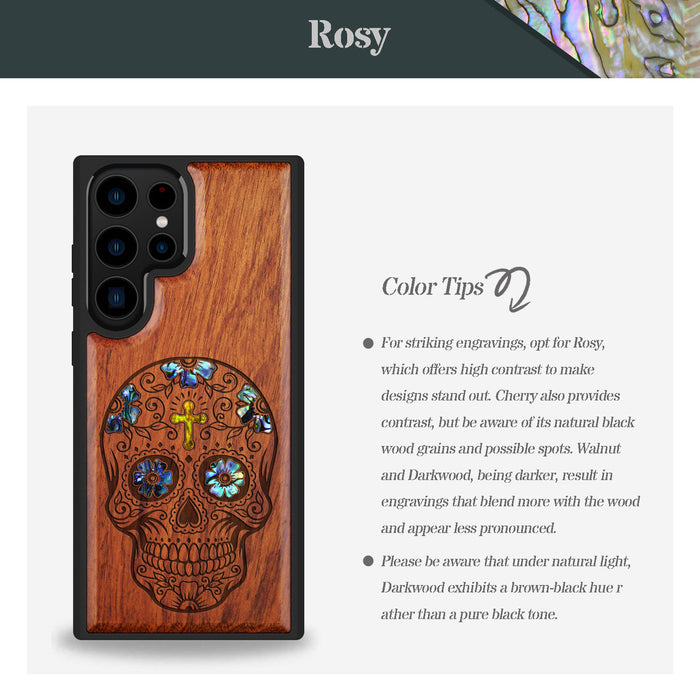 The Dia de los Muertos Sugar Skull, Hand-Inlaid Wood & Mother of Pearl Case - Artisanal Cover for Samsung Galaxy