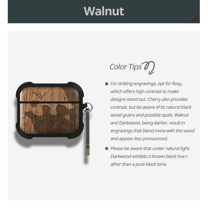 Yin-Yang Wolf - Wood Artisan Engraved & Shell Hand-Inlaid Cover - Artisanal Case for Apple AirPods (Titanium Quick Released Clasp)