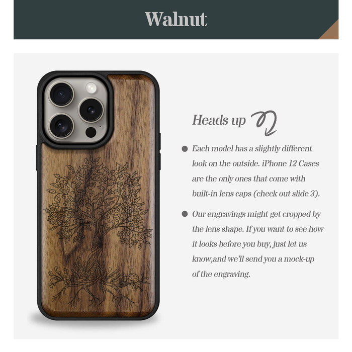 The Fairy Tree Line Art, Classic Engraved Wood & TPU Case - Artisanal Cover for Apple iPhone