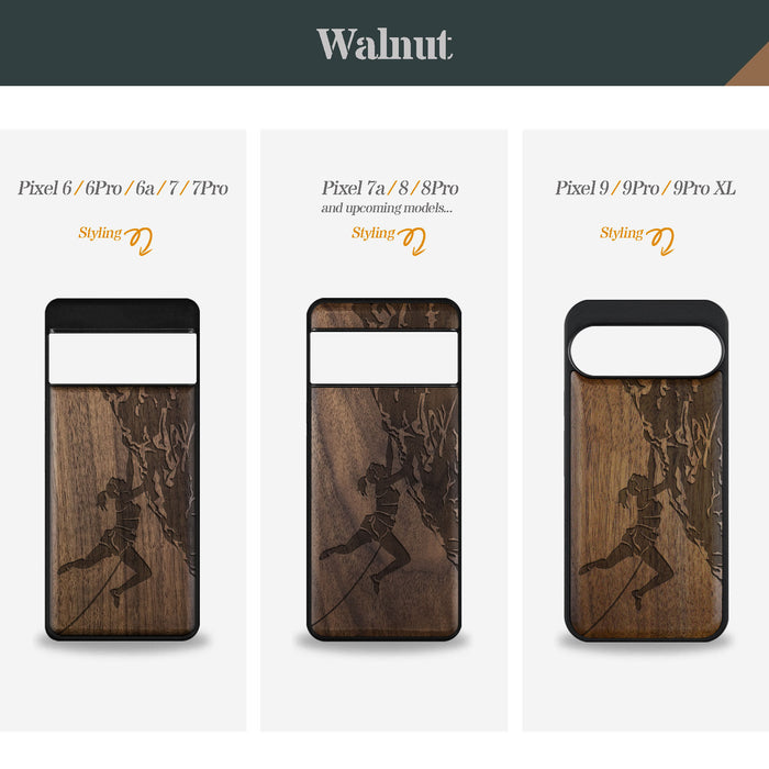 Woman Ascending the Cliff, Classic Engraved Wood & TPU Case - Artisanal Cover for Google Pixel