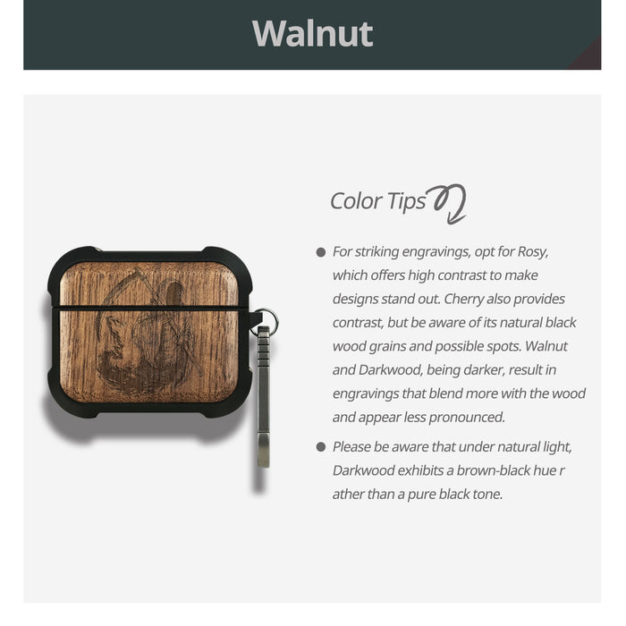 The Grim Reaper - Wood Artisan Engraved & Shell Hand-Inlaid Cover - Artisanal Case for Apple AirPods (Titanium Quick Released Clasp)