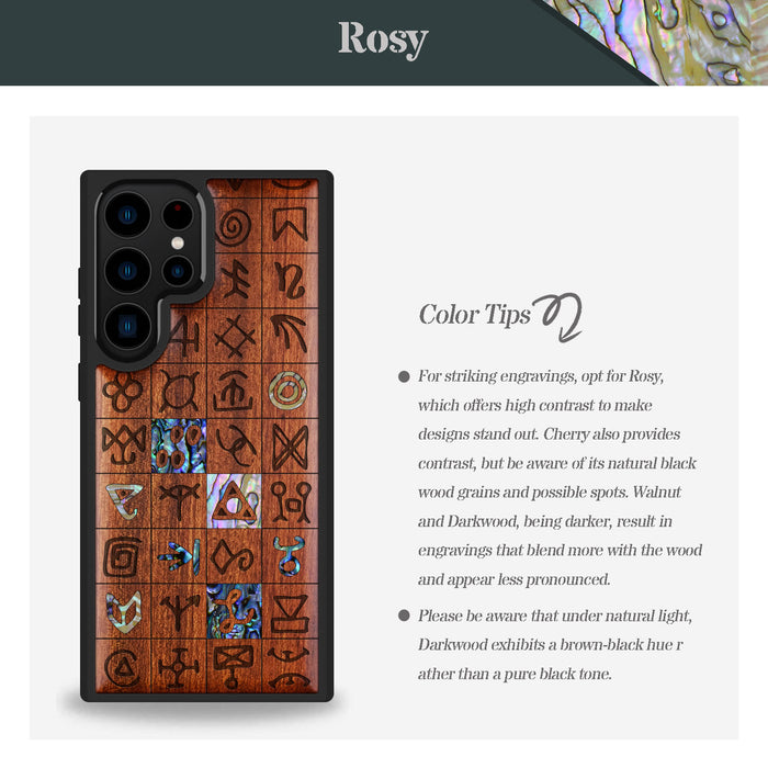 Mystical Runes, Hand-Inlaid Wood & Mother of Pearl Case - Artisanal Cover for Samsung Galaxy