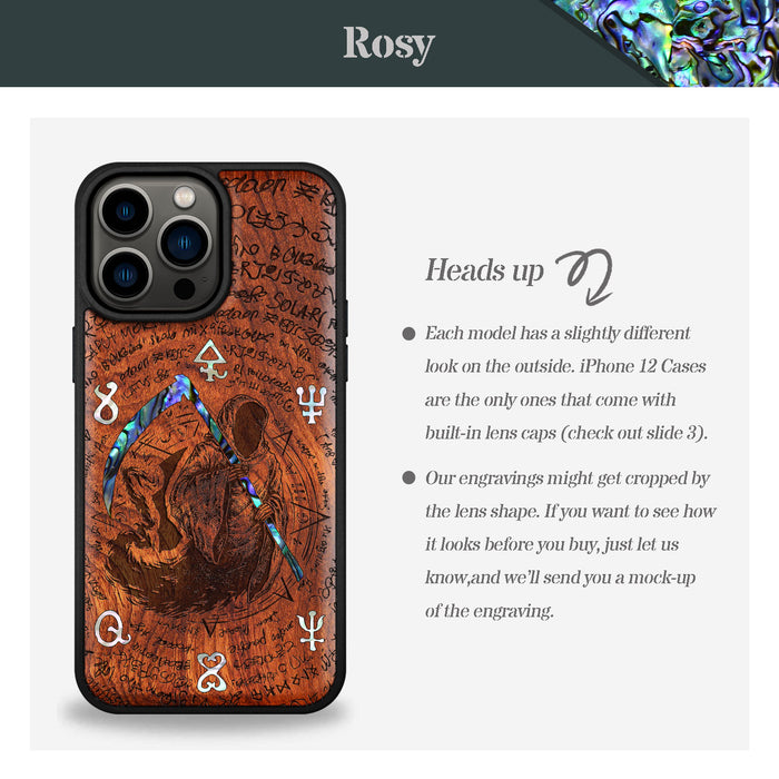 The Reaper's Scythe, Hand-Inlaid Wood & Mother of Pearl Case - Artisanal Cover for Apple iPhone