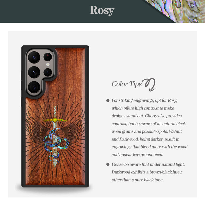 Serpent Winged Sword, Hand-Inlaid Wood & Mother of Pearl Case - Artisanal Cover for Samsung Galaxy
