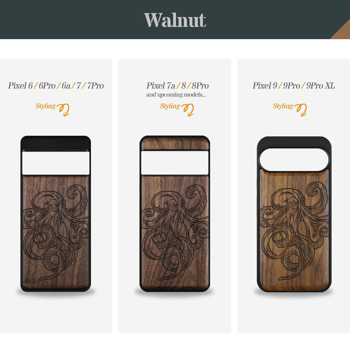 Bodybuilding Octopus Illustration, Classic Engraved Wood & TPU Case - Artisanal Cover for Google Pixel