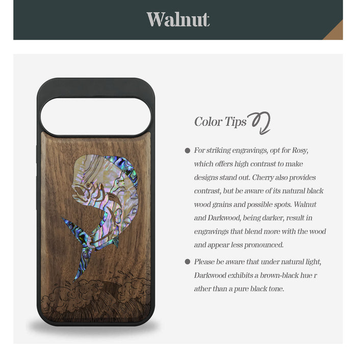The Majestic Mahi-Mahi, Hand-Inlaid Wood & Mother of Pearl Case - Artisanal Cover for Google Pixel