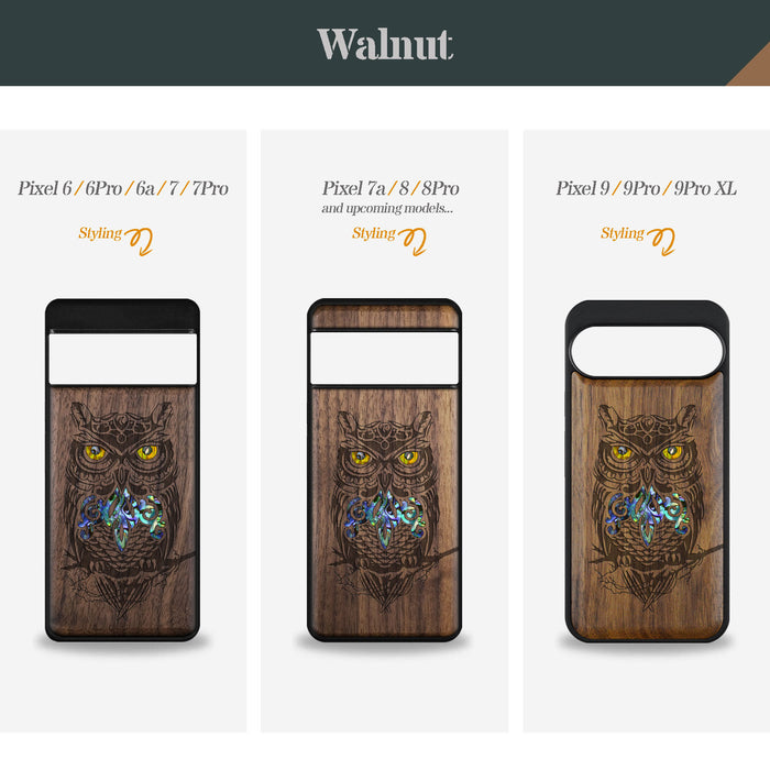 An Owl Perched on a Branch, Hand-Inlaid Wood & Mother of Pearl Case - Artisanal Cover for Google Pixel