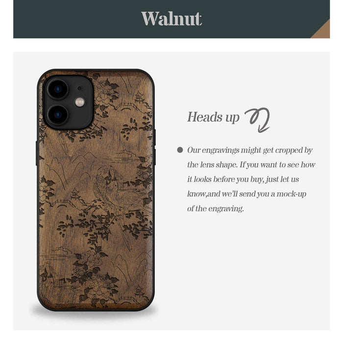 Oriental Elegance, Classic Engraved Wood & TPU Case - Artisanal Cover for Apple iPhone