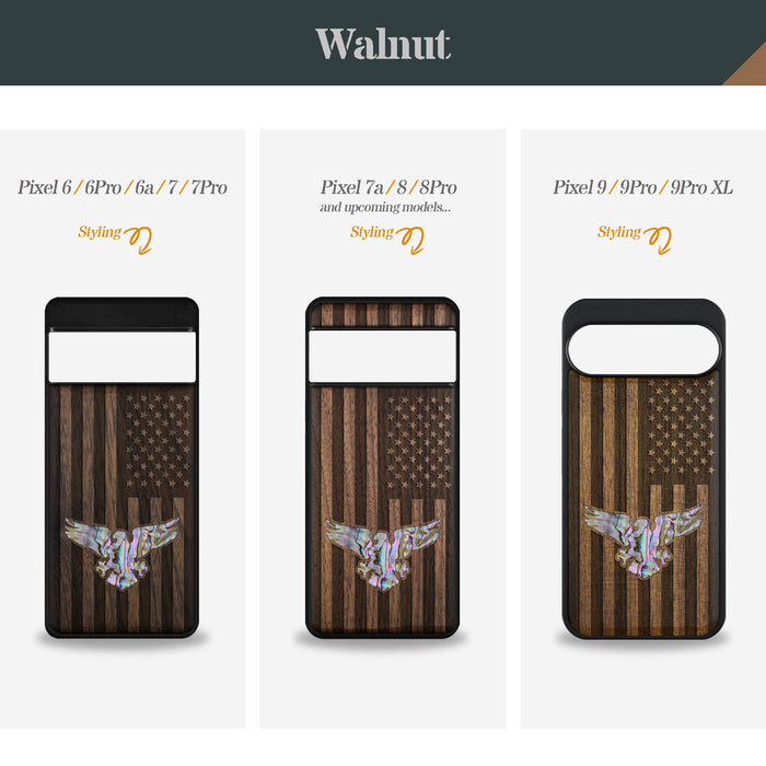 Bald Eagle and Flag, Hand-Inlaid Wood & Mother of Pearl Case - Artisanal Cover for Google Pixel