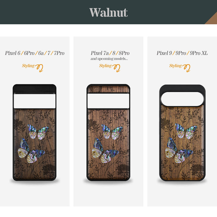 A Dance of Nature, Hand-Inlaid Wood & Mother of Pearl Case - Artisanal Cover for Google Pixel
