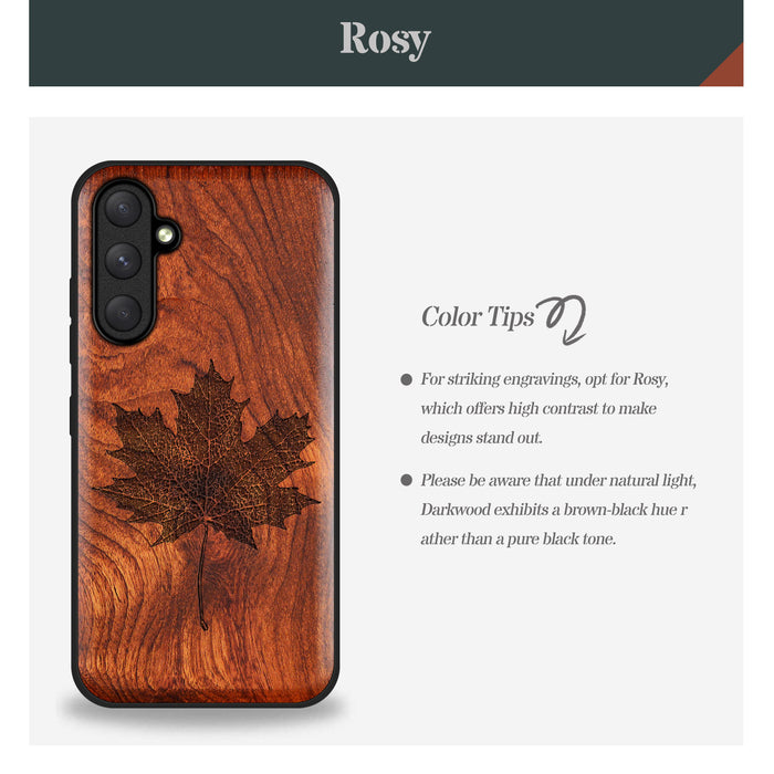 Intricate Maple Leaf Sketch, Classic Engraved Wood & TPU Case - Artisanal Cover for Samsung Galaxy