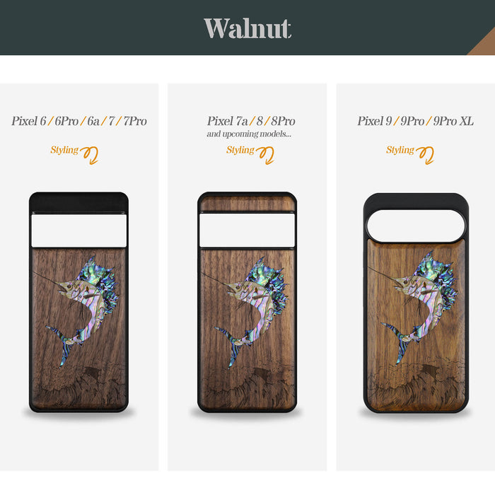 The Soaring Marlin, Hand-Inlaid Wood & Mother of Pearl Case - Artisanal Cover for Google Pixel