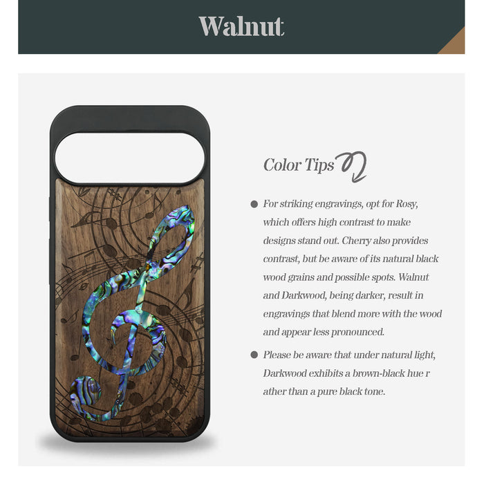 The Grand Clef and Musical Notes, Hand-Inlaid Wood & Mother of Pearl Case - Artisanal Cover for Google Pixel