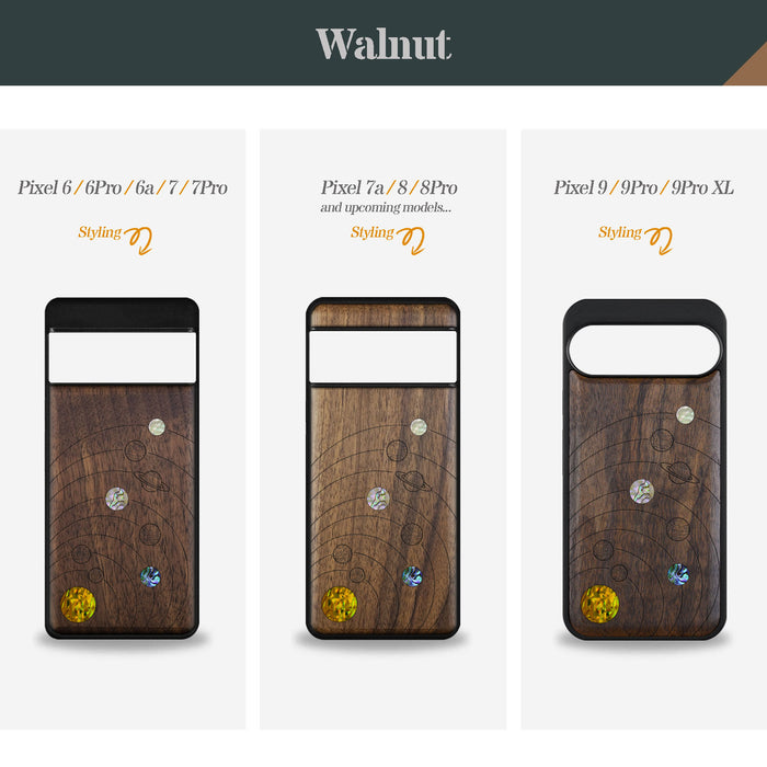 A Minimalist Line Work of Nine Planets, Hand-Inlaid Wood & Mother of Pearl Case - Artisanal Cover for Google Pixel