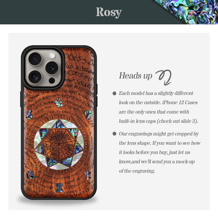 The Sacred Seals, Hand-Inlaid Wood & Mother of Pearl Case - Artisanal Cover for Apple iPhone