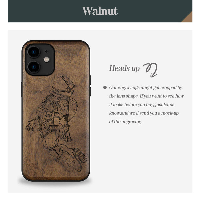 The Floating Astronaut, Classic Engraved Wood & TPU Case - Artisanal Cover for Apple iPhone