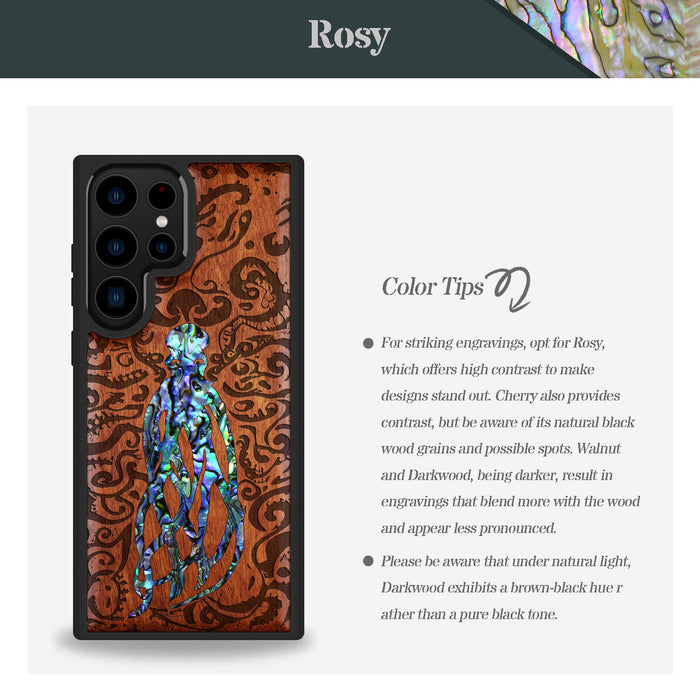 Cephalopod's Nocturne, Hand-Inlaid Wood & Mother of Pearl Case - Artisanal Cover for Samsung Galaxy