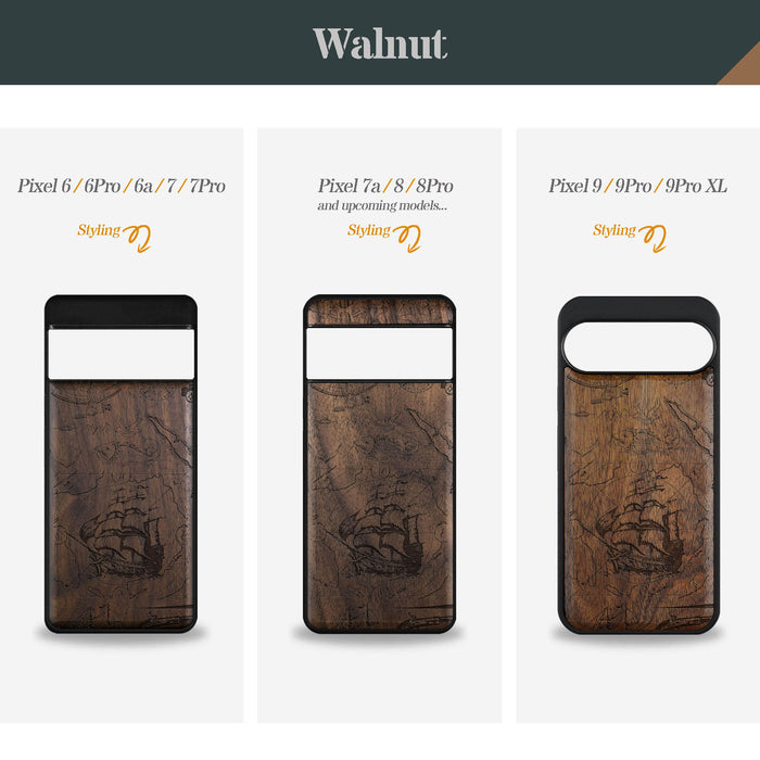 Voyage of Legends, Classic Engraved Wood & TPU Case - Artisanal Cover for Google Pixel