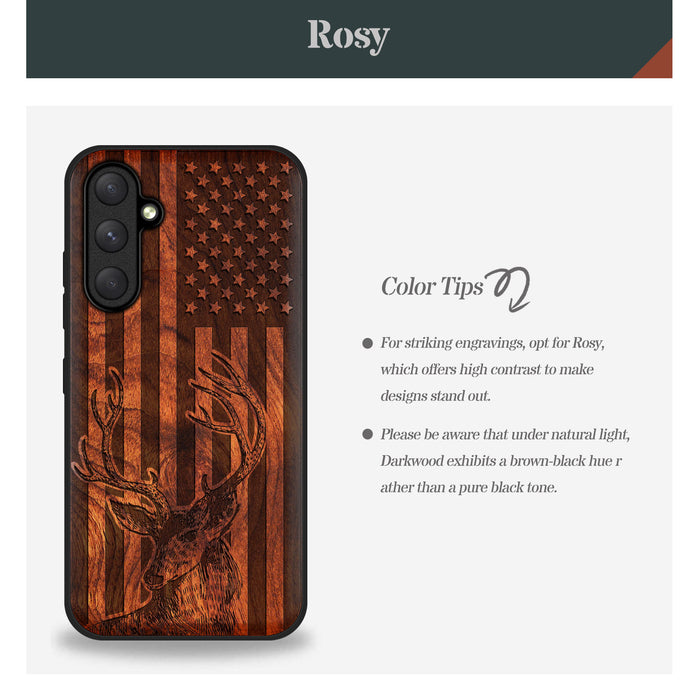 Deer Against the Backdrop of Stars and Stripes, Classic Engraved Wood & TPU Case - Artisanal Cover for Samsung Galaxy