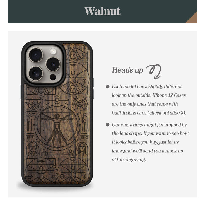 Vitruvian Man, Classic Engraved Wood & TPU Case - Artisanal Cover for Apple iPhone