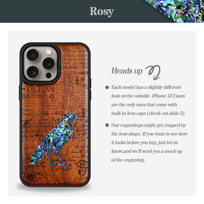 Raven Script, Hand-Inlaid Wood & Mother of Pearl Case - Artisanal Cover for Apple iPhone