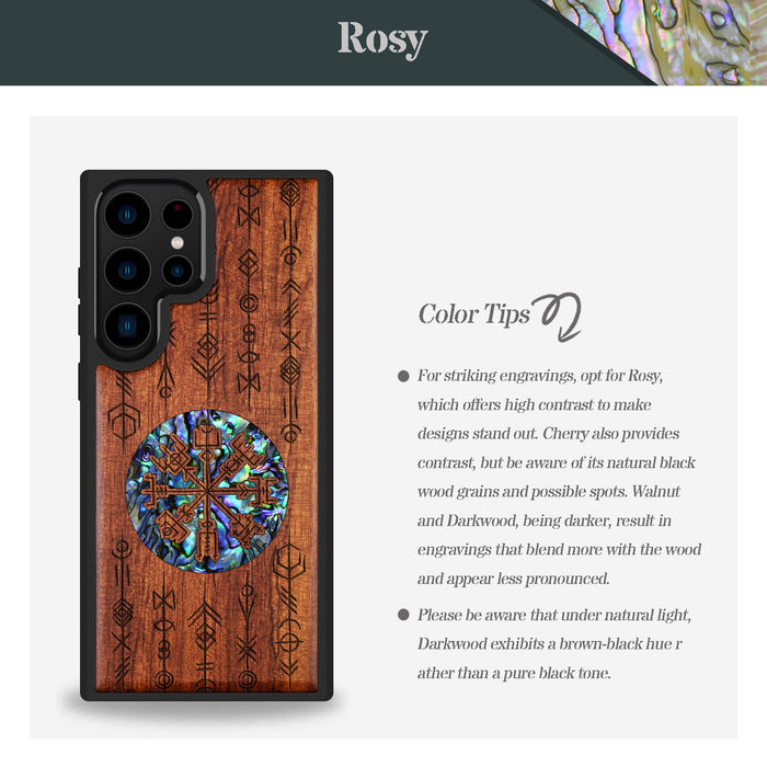 Echoes of Viking Lore, Hand-Inlaid Wood & Mother of Pearl Case - Artisanal Cover for Samsung Galaxy